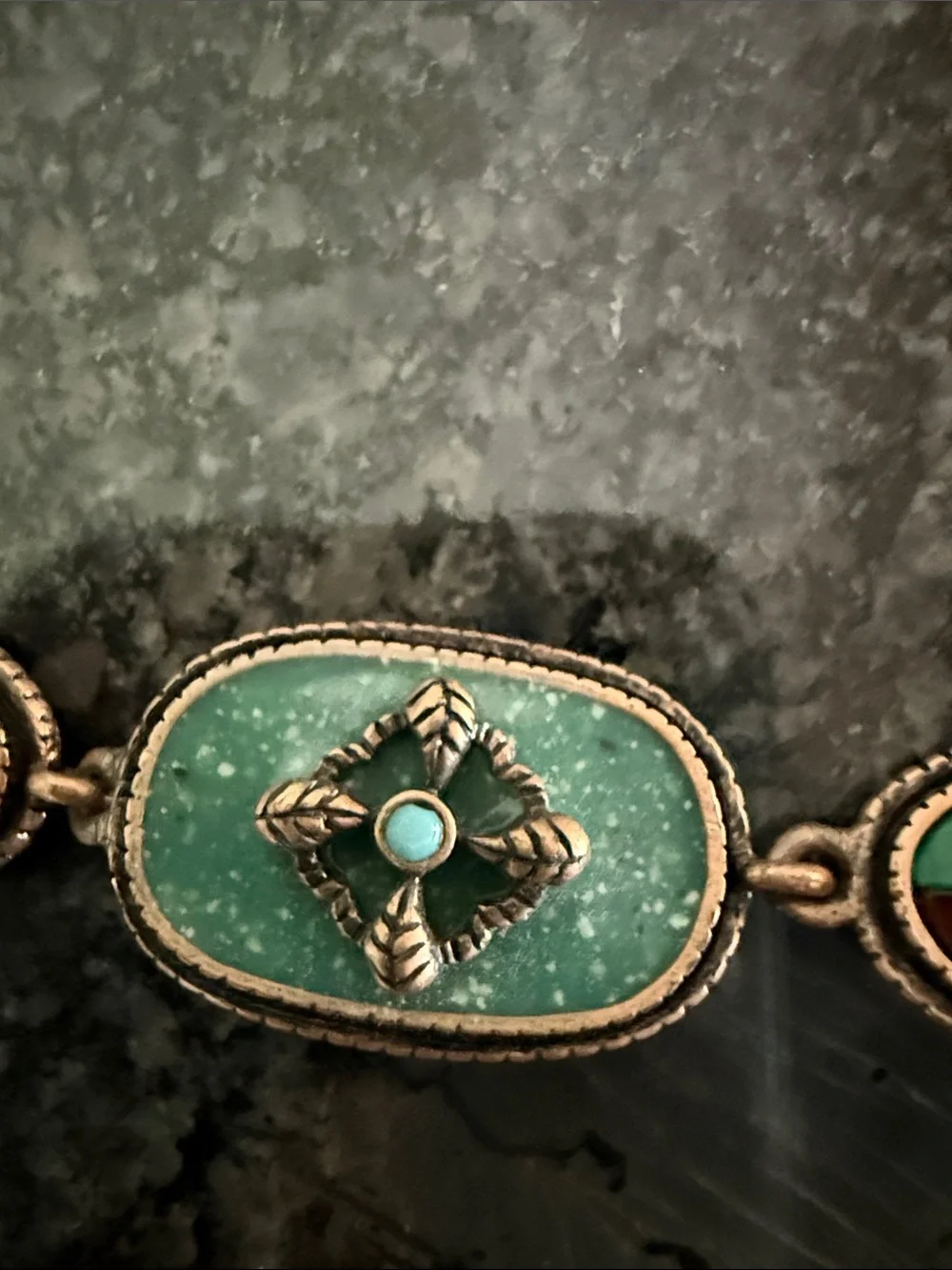 Vintage Brass Green & Brown Glass Link Bracelet Ornate Floral Statement